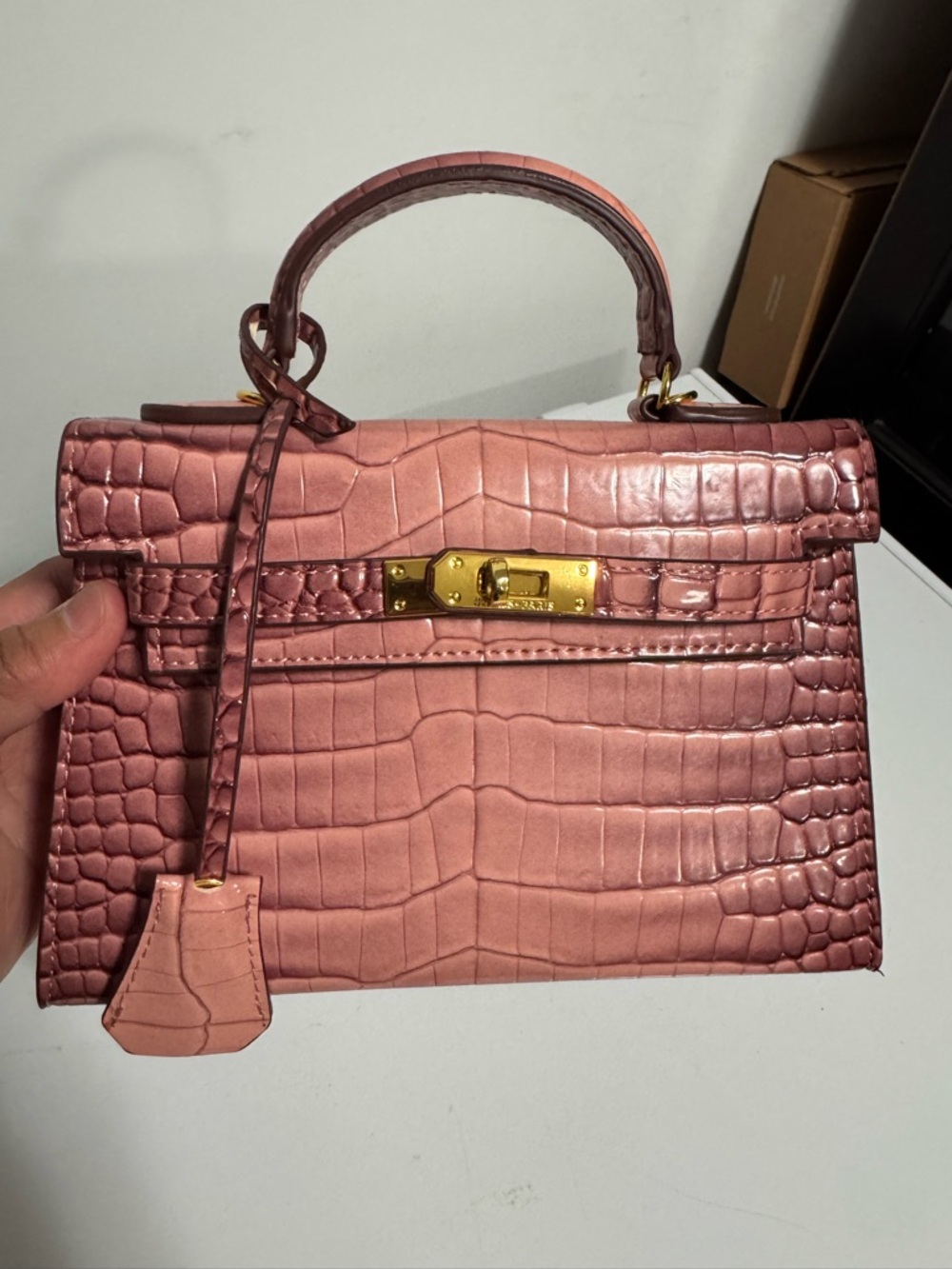 Croc-Embossed Top Handle Bag in Dusty Rose with Gold Hardware